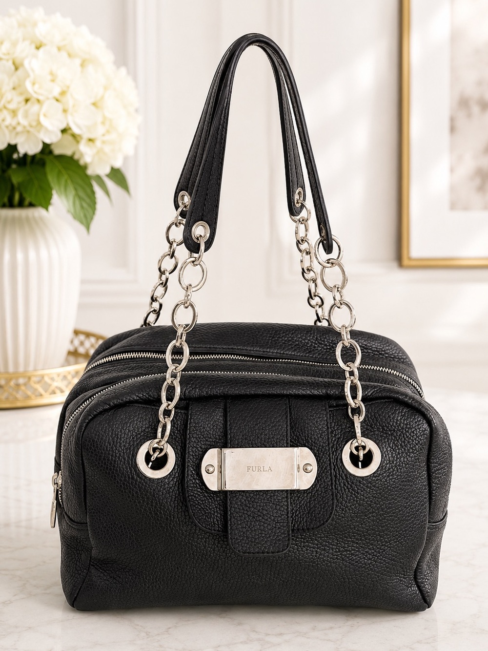 Furla Black Pebbled Leather Chain Strap Satchel Shoulder Bag Silver Hardware